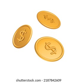 3 quinquies hacen que caigan monedas de oro. Dinero de la moneda de un dólar. Dinero penique. rentabilidad de la inversión empresarial, concepto de ahorro de dinero. Ilustración aislada del vector
