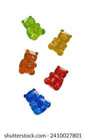 3D render falling gummy bear set. Chewy sweet dessert collection. Edible health food vector illustration. Fruit assorted delicious candy with cola, mint, lemon, cola gelatin taste. Form factor jelly