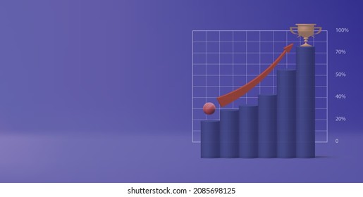 3d Render Of Financial Charts With Red Arow Pointing On A Trophy On The Highest Column. Earnings Statistics Vector Illustration. Copy Space