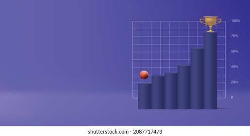 3d Render Of Financial Charts With Red Arow Pointing On A Trophy On The Highest Column. Earnings Statistics Vector Illustration. Copy Space