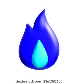 3d render fire emoticon emoji blue color isolated on a white background. Blue flame, volumetric inflated vector image.