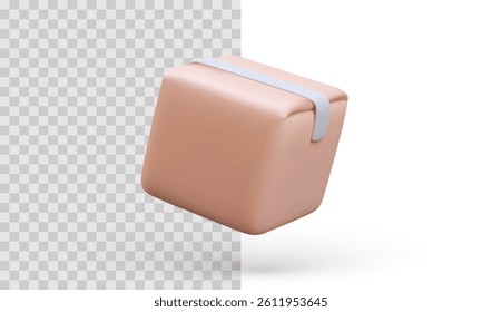 3D Render of a Floating Soft Pastel Parcel with a White Strap, Minimal Design in Pink Tones on Transparent and White Background. Vector Illustration.