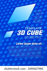 3d render Flyer cubes flying perspective figure. Cover Geometric Squares theme blue color, block for image, vector 