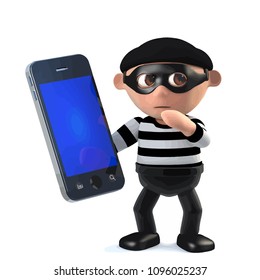 3d render of a funny burglar character holding a smartphone tablet pc device