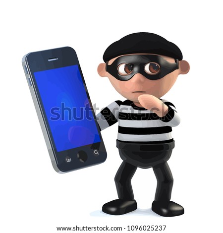 3d render of a funny burglar character holding a smartphone tablet pc device