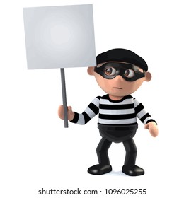 3d render of a funny cartoon criminal burglar character holding a placard in protest.
