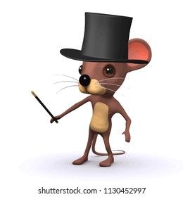 3d render of a funny cartoon mouse wearing a magicians top hat and waving a magic wand