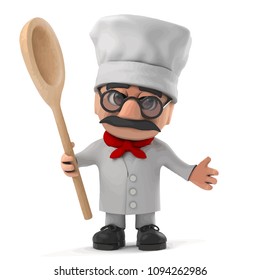 3d render of a funny cartoon old Italian chef character holding a wooden spoon