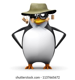 3d render of a funny cartoon penguin character wearing an Australian bush hat