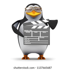 3d render of a funny cartoon penguin holding a film studio clapperboard.