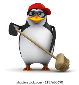 3d render of a funny cartoon penguin wearing a baseball cap and sweeping up the mess with a broom