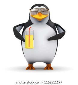 3d render of a funny cartoon penguin drinking a nice cold glass of orange juice