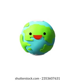 3D render funny Earth character. Green and blue planet. Save Earth day. Kawaii astronomy mascot for children education. Cartoon emoticon vector illustration in plastic style. Globe world icon