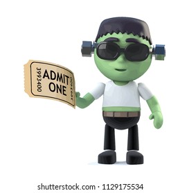 3d render of a funny Halloween Frankenstein monster character holding an admission ticket to a show at the theater