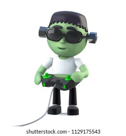 3d render of a funny Halloween Frankenstein monster character playing a video game with a joystick controller.