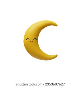 3D macht lustigen Mondcharakter im Tonstil. Vektor kawaii gelbe crescent Illustration. Kinder erwecken Emotionen im Nachthimmel. Cartoon-Symbol für Kindererziehung oder -träumen, Schlafen