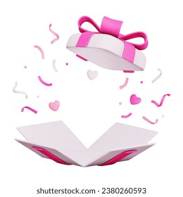 3d Render Gift Box With Flying Pink Ribbons and Hearts. Concept of promotion, discount, sale, gift, Baby shower party. Open box with empty space. Vector Illustration In Cartoon Style on white