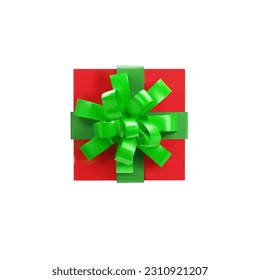 3D render gift box top view. Red box and green ribbon. Christmas, holiday, anniversary celebration package, wedding present. Vector illustration for Xmas decoration, New Year event in realistic style