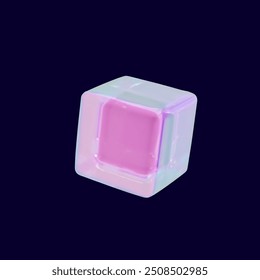 3d render glass neon cube. Glossy crystal design in rectangle shape. Contemporary glassmorphism. Vector illustration in realistic neon prism. Gradient geometric box in hologram effect in y3k style