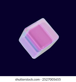 3d render glass neon cube. Glossy crystal design in rectangle shape. Contemporary glassmorphism. Vector illustration in realistic neon prism. Gradient geometric box in hologram effect in y3k style