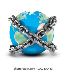3d render of a globe of the Earth bound by chains