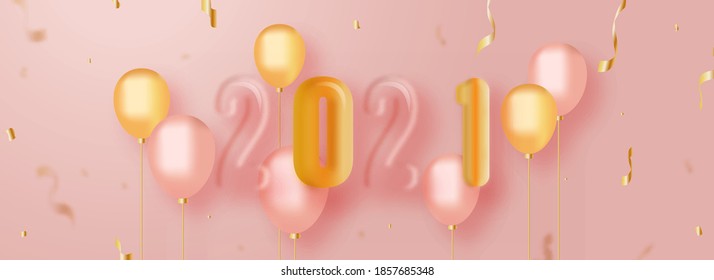 3D Render Glossy 2021 Number With Realistic Balloons And Golden Confetti Ribbon On Pink Background.