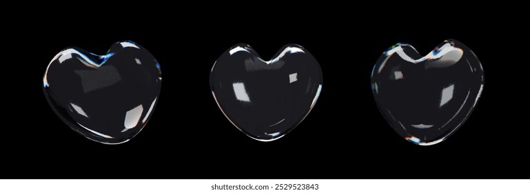 3D Rendering glänzende Herz-Sammlung. Dreidimensionales Vektorgrafik-Set. Abstrakte Form der Brille. Realistisches Kristallvalentinelement mit Regenbogengradienten. Hologramm-Diamant-Brechungsprisma.