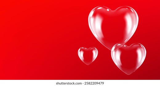 3D render glossy three hearts on a red background. Valentine's Day concept. A clear glass heart shape. love symbol design element. vector illustration. banner template.