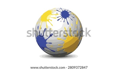 3D render of a glossy white billiard ball decorated with vibrant blue and yellow paint splatters and blots, isolated on a white background with a soft drop shadow.