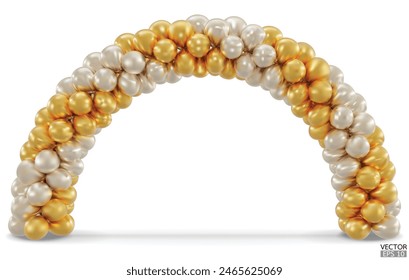 3D render gold balloon arch entrance. Golden Balloons in the Shape of Arc, Gate, or Portal isolate on a white background. 3d vector illustration.