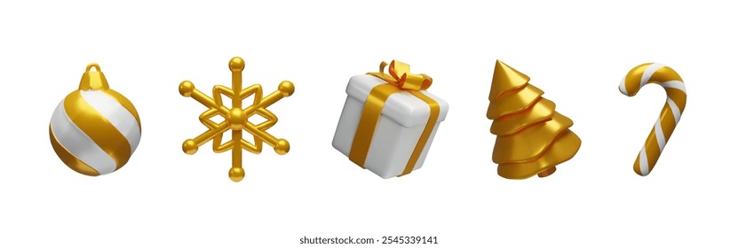 3d render gold Christmas elements. Vector illustration winter set. Ball, snowflake, gift or present, spruce, candy cane. Realistic metallic three dimensional decoration for new year. 3D Illustration