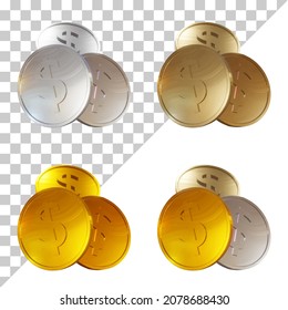 Representación 3D. Moneda de oro en 3d aislada en un fondo blanco. Explosión realista de monedas de oro. Aislado sobre un fondo transparente. Monedas de oro. montón de monedas de oro aisladas.