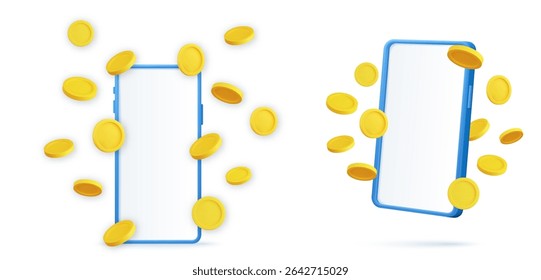 3d renderizar moedas de ouro voando ao lado do telefone. Celular inteligente com explosão de moedas de ouro dólar. Conceito de vencedor. Ilustração vetorial
