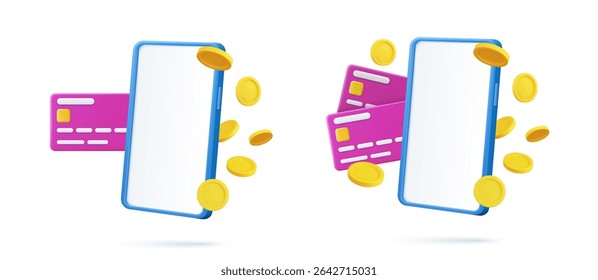 3d render gold coins flying next to phone and credit card. Mobile smart phone with gold dollar coins explosion. exchange of funds into electronic, online shopping. Vector illustration
