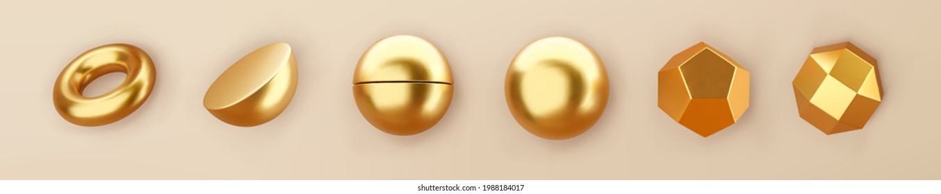 3d render gold geometric shapes objects set isolated on background. Golden glossy realistic primitives - spheres, torus with shadows. Abstract decorative vector figure for trendy design