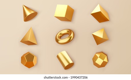 3d render gold geometric shapes objects set isolated on background. Golden glossy realistic primitives - cube, cylinder, pipe with shadows. Abstract decorative vector figure for trendy design