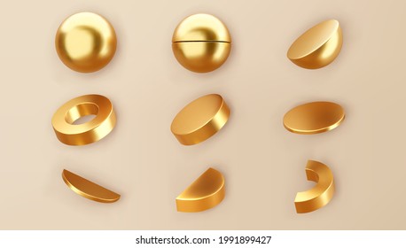 3D rendern geometrische Objekte mit goldenen Formen einzeln auf dem Hintergrund. Goldene glänzende, realistische Primitive - Kugel, Zylinder, Rohr mit Schatten. Abstrakte, dekorative Vektorfigur für trendiges Design