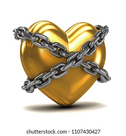 3d render of a gold heart wrapped in chains