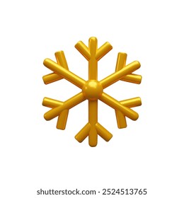3d render gold snowflake. Three-dimensional Merry Christmas decoration. Vector illustration for New Year holiday. Realistic ice weather crystal flake shape. Snow symbol - metallic element for party
