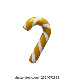 3d render gold striped traditional candy stick for Christmas. Three dimensional lollipop vector illustration. December colorful sugar candy cane for children. Merry Christmas and Happy New Year eve