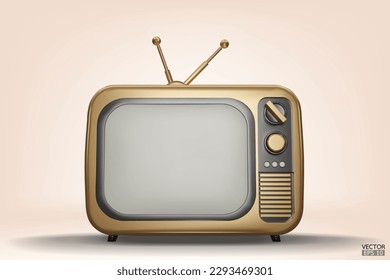 3D render gold Vintage Television Cartoon style isolate on background. Minimal Retro TV. Golden analog TV.  Old TV set with antenna. 3d vector illustration.