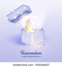 3D-Render des Golden Crescent Moon in Open Magic Box auf hellviolettem Bokeh-Hintergrund für Ramadan Mubarak Konzept.