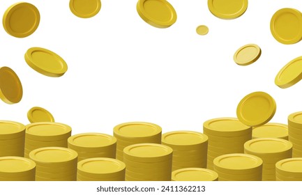 3D macht goldene fliegende Münzen Hintergrund. Gold Metallgeld für Unternehmen, Wirtschaft, Banken, Kasino. Vektorgrafik des Reichtums. Realistische Investition in Cartoon Ton Stil. Symbol für Bargeld für Belohnung