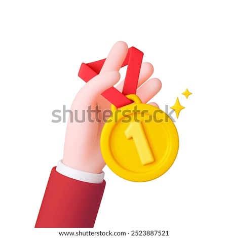 3d render golden medal in human hand. Business winner concept. Businessman hold gold medal with red ribbon. Celebrating, prize, vector realistic elements