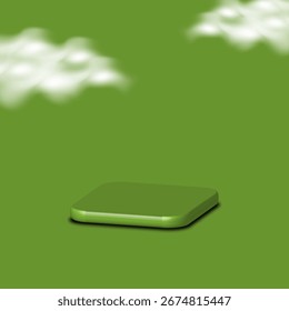 Renderizado 3D de una computadora portátil verde sobre un fondo verde con nubes Podium 3D EPS 10