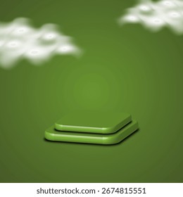 Renderizado 3D de una computadora portátil verde sobre un fondo verde con nubes Podium 3D EPS 10
