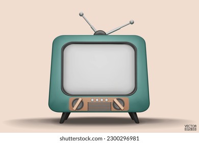 3D render green Vintage Television Cartoon style isolate on  background. Minimal Retro TV. Green analog TV.  Old TV set with antenna. 3d vector illustration.