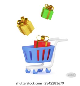 3d render of a grocery cart with colored gift boxes in the air. Vector illustration isolated on white background
