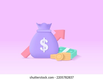 3D render growing profit, investment money, increase, profit growth vector concept. 3d vector design illustration