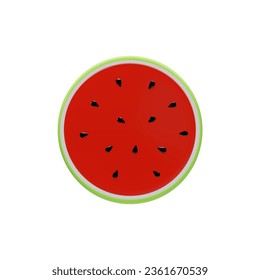 3D render half of watermelon front. Realistic healthy berry. Vector illustration in clay style. Sweet ripe organic food for vegetarian. Juicy fresh snack in summer season. Tasty nutrition huge slice